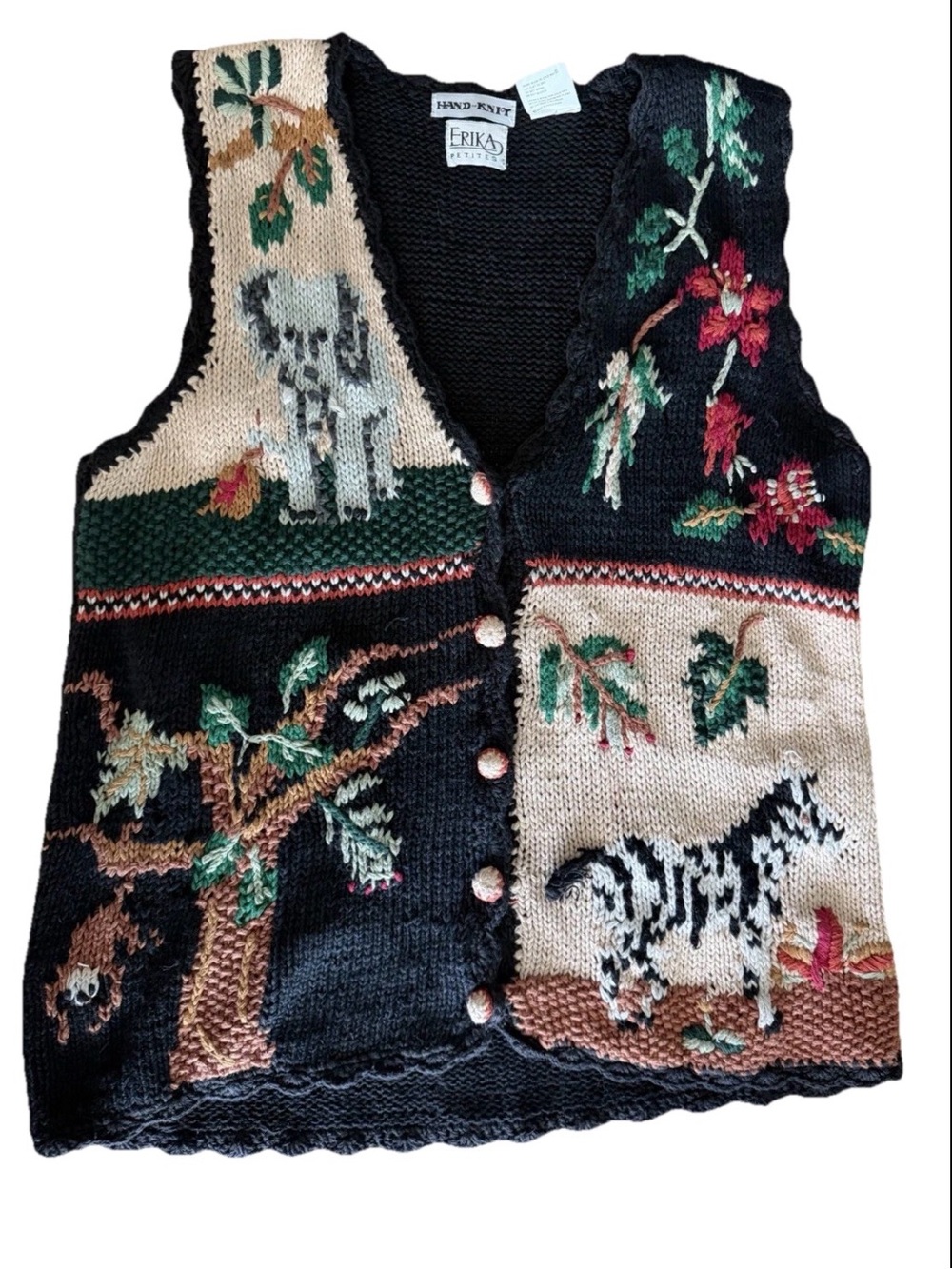 Hand Knit Erika Safari Animals Sweater Vest Size Large Petite